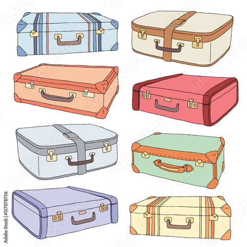 "Vector cartoon decorative old retro suitcases. Hand drawn set of