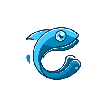 C Letter Blue Water Fishing Fish Logo