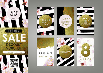 International Women's Day card, Gift certificate, Voucher, Coupon templates set. Shabby gold, black and white stripes, blossom plum and marble texture. The eighth of March decoration concept. - 137079935
