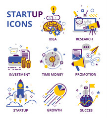 Start up business icon set isolated on white background.Suitable for info graphics, websites and banners. Vector illustrations, flat line design, creative concepts of startup, business.