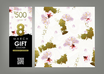 International Women's Day Gift certificate, Voucher, Coupon template and spring pattern set. Shabby gold, black and white stripes, blossom plum and marble texture. 8-th of March decoration concept. - 137080169
