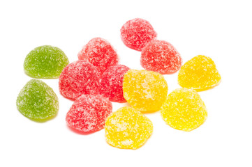 Colorful fruit jelly candies isolated on white. Sweet dessert.