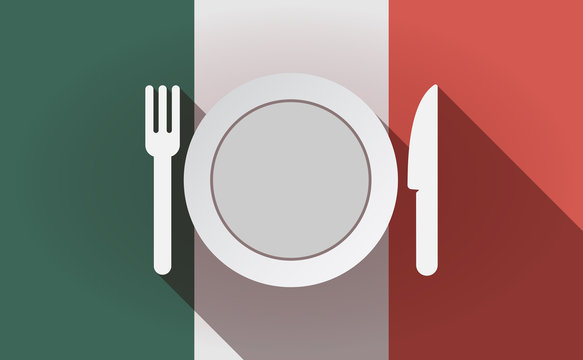 Long shadow Mexico flag with  a dish, knife and a fork icon