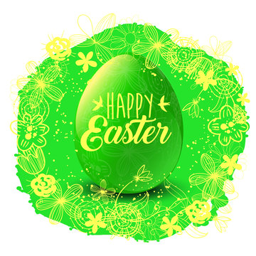 Happy Easter. Green egg, flowers. Lettering with birds. Holiday