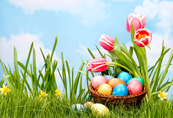 Easter eggs flowers grass sky blue yellow branch basket hare chick sheep