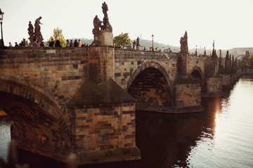 many pedestrians walking on the old brick bridge