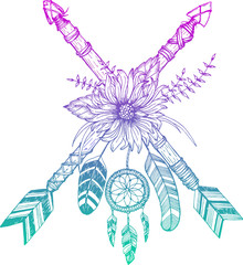 Tribal arrow in ethnical pattern with feathers and wild flowers