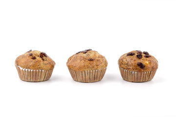 home-made blueberry muffins, muffin cup cake closeup isolated on white background.