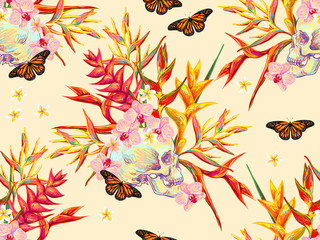 Seamless summer tropical pattern with skulls, butterflies and exotic flowers beautiful background. Perfect for wallpapers, pattern fills, web page backgrounds, surface textures, textile