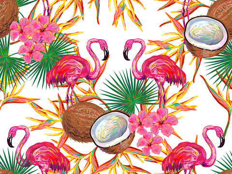 Summer jungle pattern with with flamingo, coconut, palm leaves and flowers vector background. Floral background. Perfect for wallpapers, pattern fills, web page backgrounds, surface textures, textile