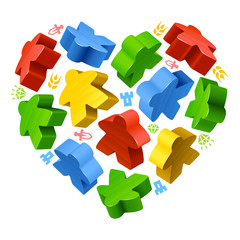 Vector multicoloured game pieces in the shape of heart. Red, blue, green and yellow wooden meeples, and resources counter icons isolated on white background. Concept of love by board games