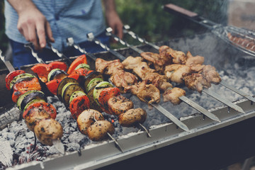 Beef and chicken kebab. Fresh meat at grill, bbq