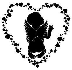 Angel baby with wings in hearts