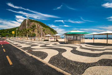 Famous Portuguese Style Mosaic, Bicycle Path and Empty Kiosk in Leme and Copacabana Beach in Rio de Janeiro, Brazil