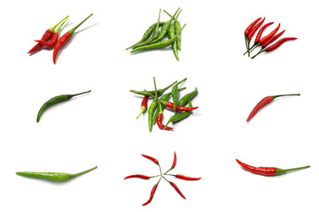 Collection set of red and green hot chili pepper isolated on a white background