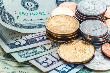 Still Life with cash dollars and cents US.