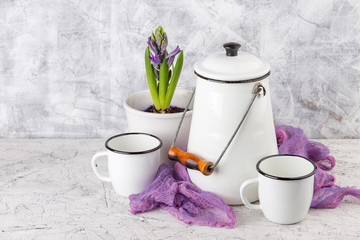 Vintage home arrangement, soft pastel colors.