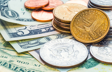 Still Life with cash dollars and cents US.