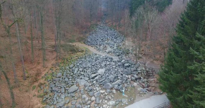 A drone flight over a rocky landscape called Felsenmeer. Located in south Hessia Germany.