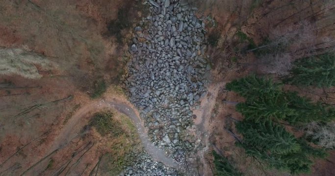 A drone flight over a rocky landscape called Felsenmeer. Located in south Hessia Germany.