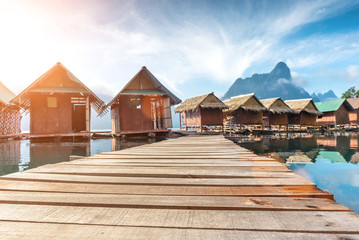 Scene from resort of Ratchaprapha Dam at Khao Sok National Park, Surat Thani Province, Thailand.