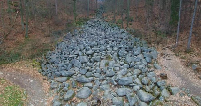 A drone flight over a rocky landscape called Felsenmeer. Located in south Hessia Germany.