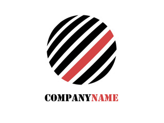 Company logo. Circle from black and white lines with red strip. Business strict style.