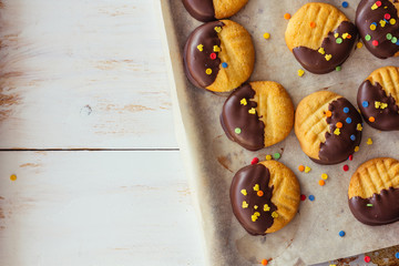 Shortbread cookies on cooking sheet copy space