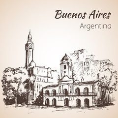 Buenos Aires city street and square. Argentina. Sketch.