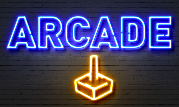 Arcade Neon Sign On Brick Wall Background.