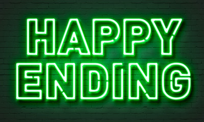 Happy ending neon sign on brick wall background. - obrazy, fototapety, plakaty