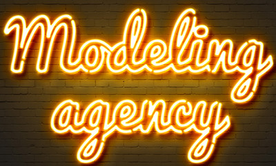 Modeling agency neon sign on brick wall background.