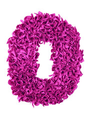 Zero. Handmade number 0 from magenta color scraps of paper