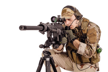 Fototapeta premium Portrait soldier or private military contractor holding sniper rifle.