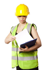 Isolated Safety Gear Woman with Clipboard