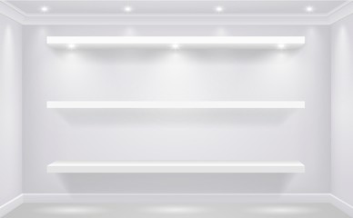 Shop-window shelf for white goods illuminated against the background of a white wall of the store. Vector graphics