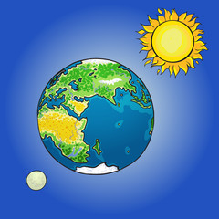 Vector illustration of the sun, moon, earth.