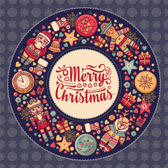 Merry Christmas wreath with Christmas toys. 