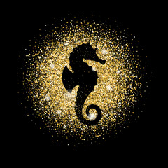 Gold dust shine on black background. Dark seahorse on golden glitter. Yellow shining isolated sand. Magic mist glowing.Bright sparkles for luxury, vip, business, logo © Oleg