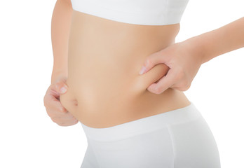 Close up  woman checks and pinching Excess fat on her hip seems like to be fat, overweight concept, Isolated on white background.