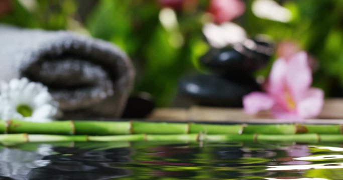 At a spa or health club, dropping a pure water drop from a leaf. background lavender scented environment. Concept: relaxation, wellness, body care, spa, nature, and aromatherapy and scents