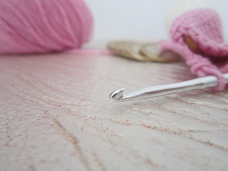 close-up of pink knitting yarn,crochet and Knitting