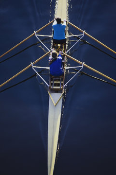 Overhead view of women rowing double scull boat