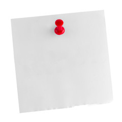 Stick note with red Thumbtack, Isolated on white background.