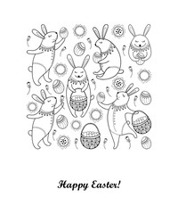 Vector Happy Easter card with outline easter rabbit, egg and basket isolated on white background. Cartoon elements with cute bunny and eggs in contour style for coloring book and greeting design.