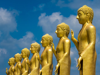 Series of Golden Yellow coloured standing Buddha statues collection with hand Mudra at Nelligala International Buddhist Center Kandy, Sri Lanka