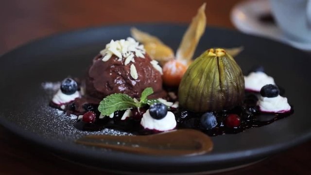 chocolate ice cream dessert on plate