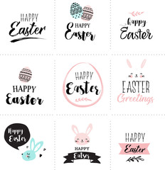 Fototapeta premium Happy Easter greeting cards set with cute pink, sweet hand drawn watercolor bunny, eggs, ribbons