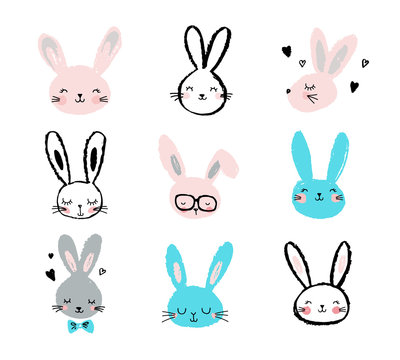 Bunny, rabbits, cute characters set, for Easter, kids and baby t-shirts and greeting cards