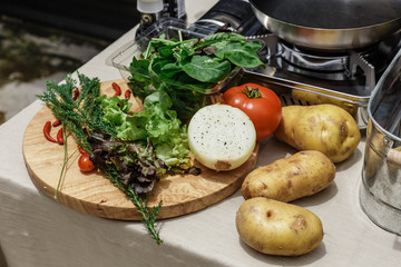 Fresh Ingredients Include Rosemary, Onion, Tomato, Potato and Vegetables on Wood Block. 